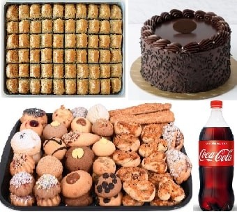 Dörtlü Kutlama Paketi: Çikolatalı Pasta Baklava Kuru Pasta ve Kola
